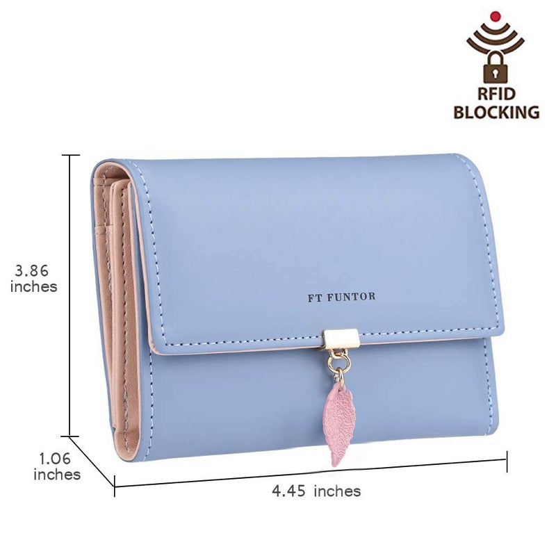 FT FUNTOR RFID Wallets for Women, Leaf Card Holder Trifold Ladies Wallets Coins Zipper Pocket with ID Window Blue - Image 5